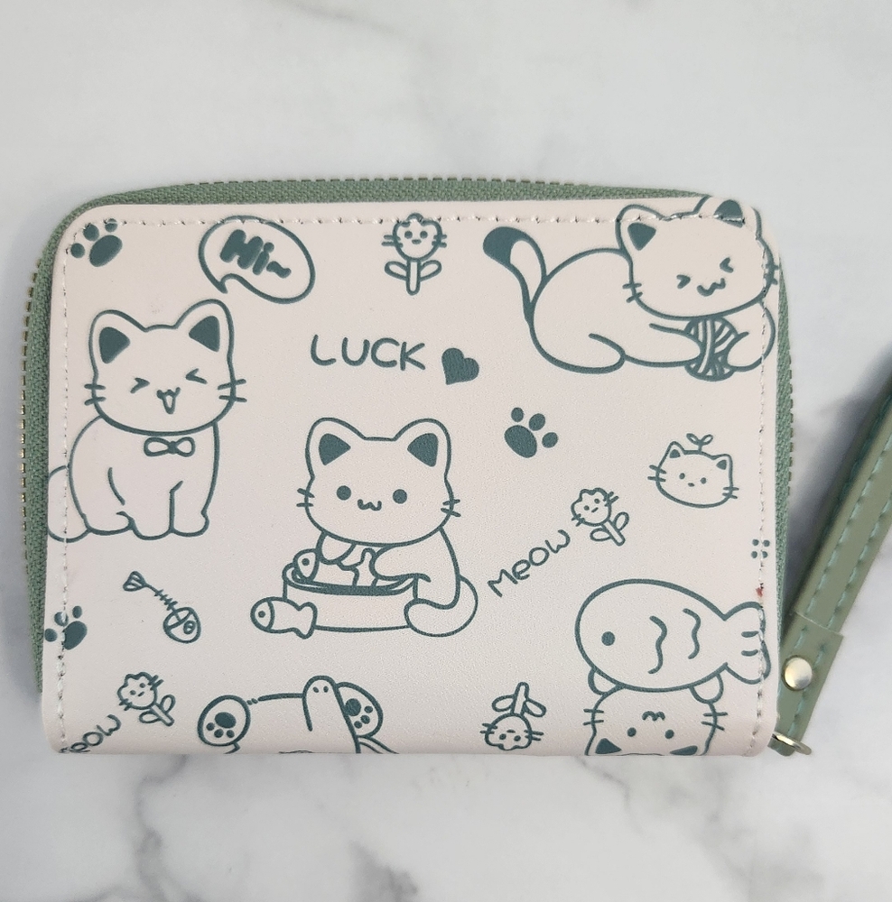 Whimsical Cat Print Mini Wallet Green & White PU Leather • Wristlet Card Hol - Picture 5 of 15